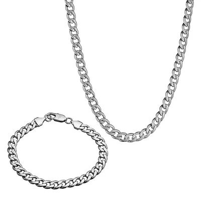 LYNX Stainless Steel Curb Chain Necklace & Bracelet Set - Men, Women's, Grey
