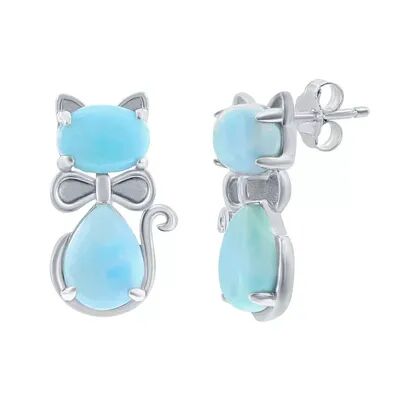 Unbranded Sterling Silver Genuine Larimar Cat Stud Earrings, Women's, Blue