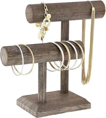 Bright Creations Rustic 2-Tier Jewelry Stand Organizer, Wooden T-Bar Necklace and Bracelet Holder for Accessories (8 x 4 x 9 In), Women's, Red/Coppr