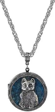 1928 Jewelry Antiqued Pewter Cat Locket Pendant Necklace, Women's, Blue