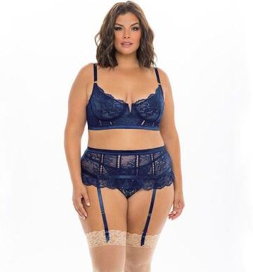 Oh La La Cheri Plus Size Oh La La Cheri Adrienne 3-pc. Longline Bra, High-Waisted Panty & Garter Belt Lingerie Set 41-11626X, Women's, Size: 1XL, Blue