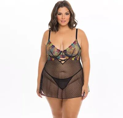 Oh La La Cheri Plus Size Oh La La Cheri Isla Lace 2-pc. Chemise & G-String Panty Lingerie Set 74-11656X, Women's, Size: 1XL, Black