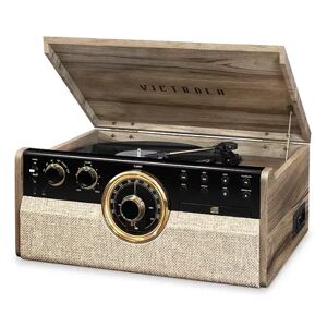 Victrola Empire 6-in-1 Wood Mid Century Modern Bluetooth Record Player with 3-Speed Turntable, CD, Cassette Player and Radio, Brown