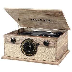 Victrola 4-in-1 Cambridge Farmhouse Modern Bluetooth Turntable with FM Radio, Lt Brown