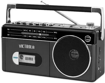 Victrola Mini Bluetooth AM/FM Radio Boombox with Cassette Player & Recorder, Grey