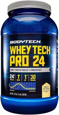 BodyTech Whey Tech Pro 24 Whey Protein Isolate & Concentrate Powder - Vanilla Ice Cream (2 Lbs. / 30 Servings), Multicolor