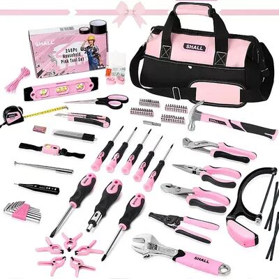 SHALL 246-Piece Ladies Home Hand Tool Set Kit with Bag and Multiple Tools, Pink, Med Pink