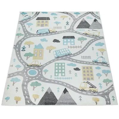 Paco Home Nursery Rug with Streets Cars and Trees Motif in Pastel Colors, Ivory, 6X9 Ft