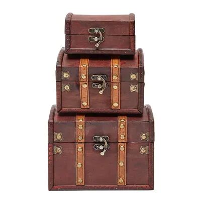 Juvale Set of 3 Small Wooden Treasure Chest Boxes, Decorative Vintage Style Trunks for Jewelry Keepsakes (3 Sizes), Red/Coppr