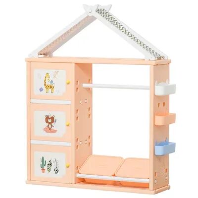 Qaba Kids Toy Storage Organizer with 2 Bins Coat Hanger Bookshelf and Toy Collection Shelves Orange
