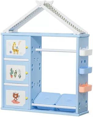 Qaba Kids Toy Storage Organizer with 2 Bins Coat Hanger Bookshelf and Toy Collection Shelves Orange, Blue