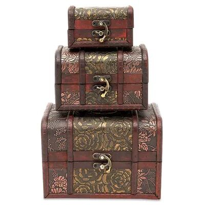 Juvale Set of 3 Small Wooden Treasure Chest Boxes with Flower Motif, Decorative Vintage Style Trunks for Jewelry Keepsakes (3 Sizes), Red/Coppr