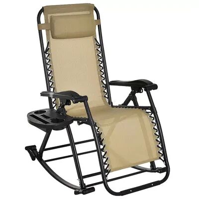 Outsunny Zero Gravity Reclining Lounge Chair Patio Folding Rocker w/ Side Tray Slot Backrest Pillow Cup Phone Holder Beige