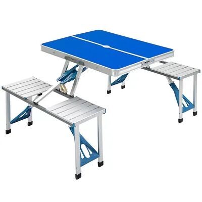 Outsunny 4 Person Aluminum Picnic Table Set Portable Compact Folding Suitcase with Umbrella Hole and Handle For Carrying, Brt Blue