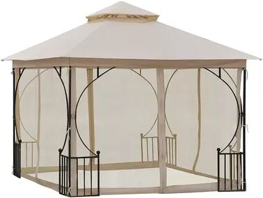 Outsunny 10' x 10' Patio Gazebo Canopy Outdoor Pavilion with Mesh Netting SideWalls 2 Tier Polyester Roof and Steel Frame, Beige