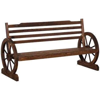 Outsunny Wooden Wagon Wheel Bench 3 Person Rustic Slatted Seat Outdoor Patio Furniture Brown, Carbonized