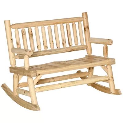 Outsunny 2 Person Wood Rocking Chair with Log Design Heavy Duty Loveseat with Wide Curved Seats for Patio Backyard Garden Walnut, Beige