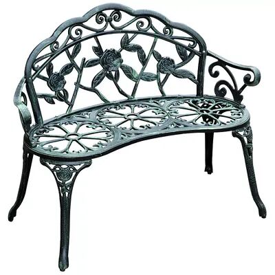 Outsunny Garden Bench Loveseat with Floral Rose Style Cast Aluminum Frame for Outdoor Patio Park Deck Antique Green