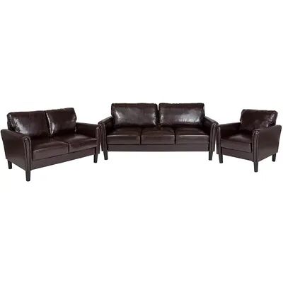 Emma+Oliver Emma and Oliver 3-Piece Living Room Sofa Set with Tailored Arms in Black LeatherSoft, Brown Leat