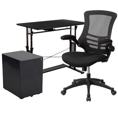 Flash Furniture Work From Home Adjustable Desk, Office Chair & Filing Cabinet 3-piece Set, Black