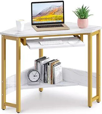 ODK Modern Triangle Corner Computer Desk with Smooth Keyboard Tray, Gold Marble, Beige Over