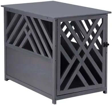 PawHut Furniture Style Wood Dog Crate End Table Decorative Dog Cage Kennel Lattice Night Stand with Lockable Door Grey