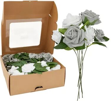 Bright Creations Artificial Grey and White Flowers Bulk, 60 Foam Roses with 60 Stems and 16 Leaf Bundles (136 Pieces)