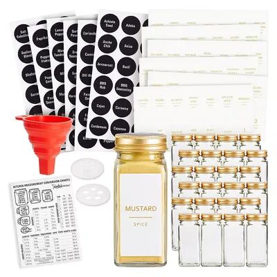 Talented Kitchen Set of 24 Gold Cap Glass Spice Jars with Labels, Empty 4oz Containers with Shaker Lids, 284 Preprinted Stickers in 2 Minimalist Styles for Seasonings