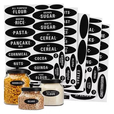 Talented Kitchen 158 Pieces Chalkboard Pantry Labels for Food Containers, Preprinted White All Caps on Black Stickers for Jars, Kitchen Canisters (Water Resistant),