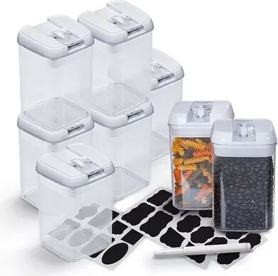 Cheer Collection One Size Airtight Food Storage Containers - Set of 8 IDENTICAL 28 oz Pantry Organizer Bins plus Marker and Labels, White