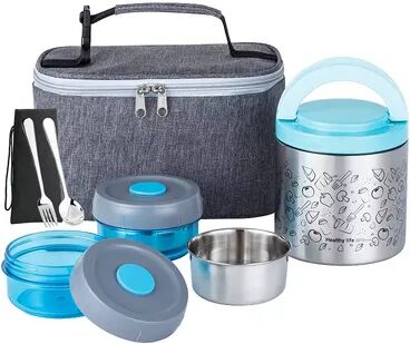 Lille Home Lunch Box Set, An 22OZ Vacuum Insulated Bento/Snack Box, Two 7OZ BPA-Free Food Containers, A Lunch Bag, A Portable Cutlery Set, Brt Blue