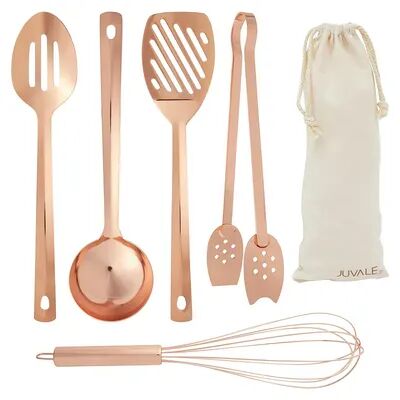 Juvale Copper Cooking Utensils Kitchen Set, Rose Gold Cookware with Ladle, Whisk, Tongs, Slotted Spatula, Spoon (5 Pieces), Beige Over