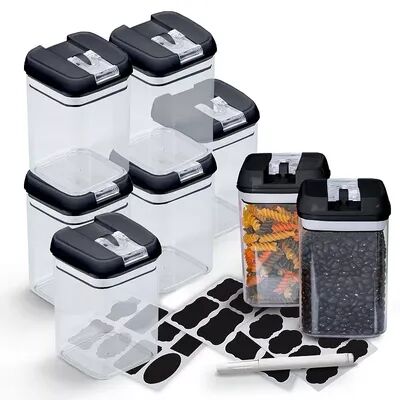 Cheer Collection One Size Airtight Food Storage Containers - Set of 8 IDENTICAL 28 oz Pantry Organizer Bins plus Marker and Labels, Grey