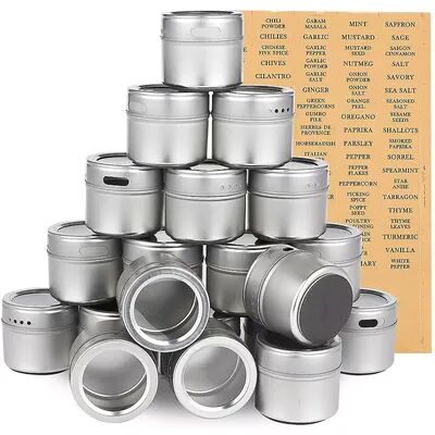 Juvale Set of 20 Magnetic Spice Containers Storage Tins with Clear Sift and Pour Lids + 94 Labels, 3.4-oz Metal Seasoning Jars for Refrigerator, Beige Over