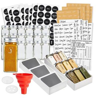 Talented Kitchen Set of 2 Spice Drawer Organizer with Jars and Labels Kitchen Organization Kit, 4 oz Containers with Airtight Tops, Shaker Lids, 416 Pre-Printed