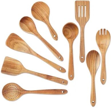 Juvale Wood Utensils Set for Cooking, 9 Piece Set Spoons and Spatulas for Kitchen, Red/Coppr