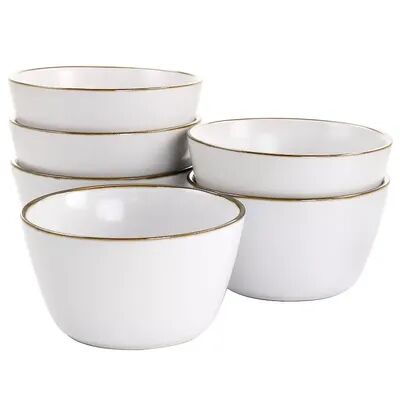 Elama Arthur 6 Piece Stoneware Bowl Set in Matte White with Gold Rim