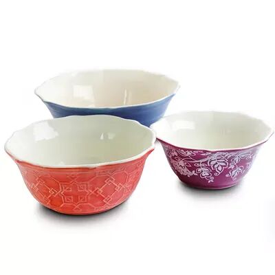 Urban Market Life on the Farm 3 Piece Scalloped Stoneware Bowl Set in Assorted Colors, Beige Over