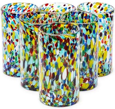 Okuna Outpost Hand Blown Mexican Glassware, Confetti Rock Glasses (14 oz, 6 Pack), Beige Over