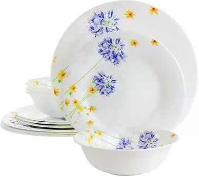 Gibson Ultra Violet Floral 12 Piece Tempered Opal Glass Dinnerware Set, White