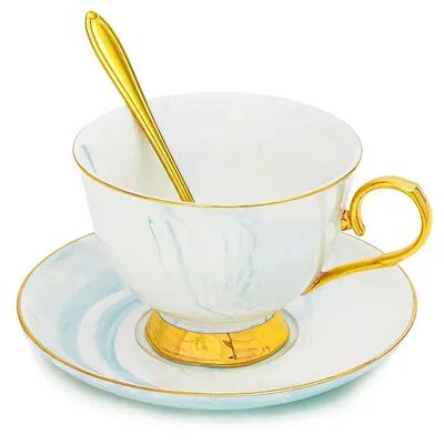 Juvale 3-Piece Blue Marble Tea Cup and Saucer Gift Set for 1, 7 oz Teacup with Gold Spoon, Brt Blue
