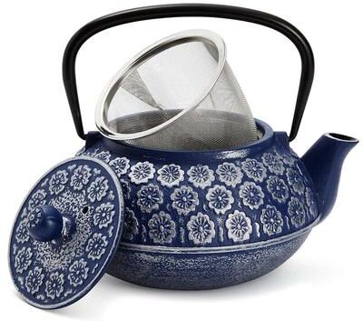 Juvale Blue Cast Iron Teapot with Stainless Steel Infuser (34oz), Brt Blue