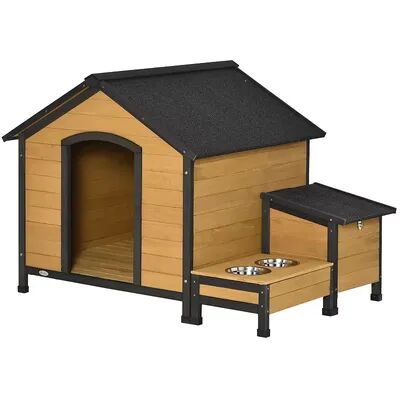 PawHut Wooden Outdoor Dog House Cabin Style Pet House with Feeding Bowls Asphalt Roof Storage Box for Dogs Up To 66 Lbs. Natural, Beige