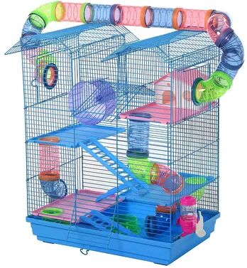 PawHut 5 Tiers Hamster Cage Small Animal Rat House with Exercise Wheels Tube Water Bottles and Ladder Blue, Brt Blue