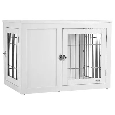 PawHut Furniture Style Indoor Dog Crate End Table Pet Cage Kennel with Double Doors and Locks for Small and Medium Dogs Grey, White