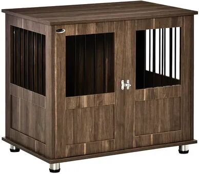 PawHut Stylish Dog Kennel Wooden End Table Furniture with Cushion and Lockable Magnetic Doors Small Size Pet Crate Indoor Animal Cage Brown, Red/Coppr