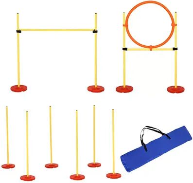 PawHut 3PCs Portable Pet Agility Training Obstacle Set for Dogs w/ Adjustable Weave Pole Jumping Ring Adjustable High Jump, Yellow