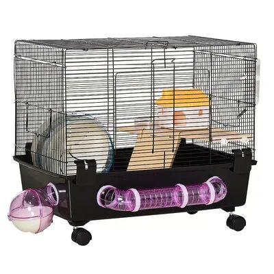 PawHut Multi tier Hamster Cage Small Animal Habitat for Hamsters and Gerbils Mesh Wire Ventilated Enclosure with Exercise Wheel Water Bottle and Food