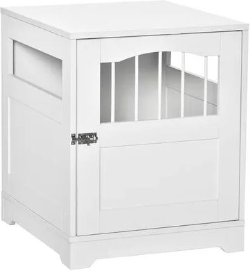 PawHut Furniture Stylish Dog Kennel Wooden and Wire End Table with Lockable Door Miniature Size Pet Crate Indoor Puppy Cage Grey, White