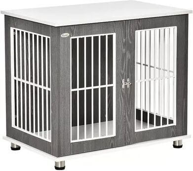 PawHut 34'' 2 in 1 Wooden Dog Kennel Modern Wire Animal Crate Pet Cage with Lockable Door and Adjustable Foot Pads for Small and Medium Dogs Grey and